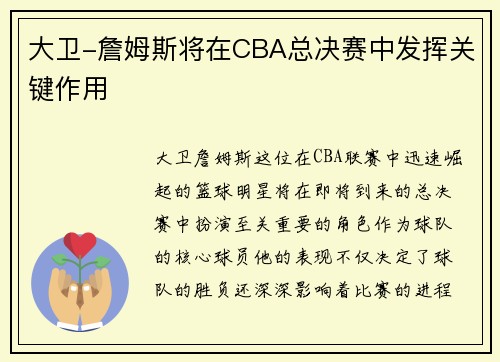 大卫-詹姆斯将在CBA总决赛中发挥关键作用
