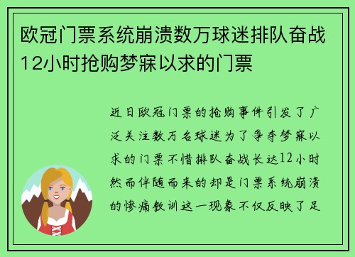 欧冠门票系统崩溃数万球迷排队奋战12小时抢购梦寐以求的门票