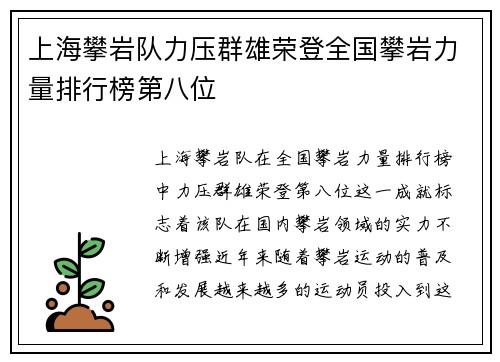 上海攀岩队力压群雄荣登全国攀岩力量排行榜第八位