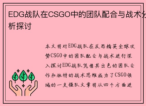 EDG战队在CSGO中的团队配合与战术分析探讨