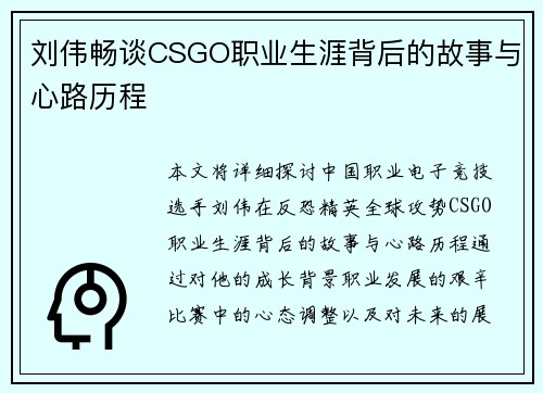 刘伟畅谈CSGO职业生涯背后的故事与心路历程