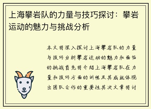 上海攀岩队的力量与技巧探讨：攀岩运动的魅力与挑战分析
